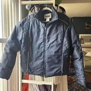 vintage woolrich navy blue, white pin stripe 100% down filled womens X Large